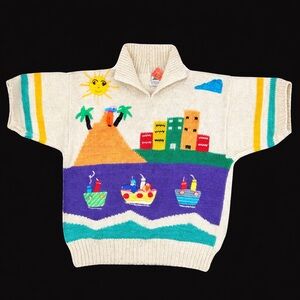 Andina Peru 3D Knit Sweater Large 100% Cotton Tropical Beach Short Sleeve